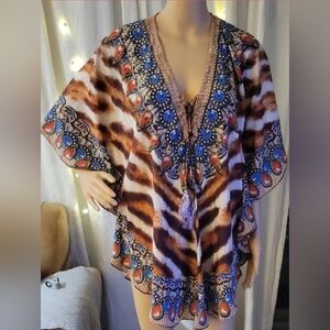 Women's Multicolor Embellished Kaftan Top. one size.